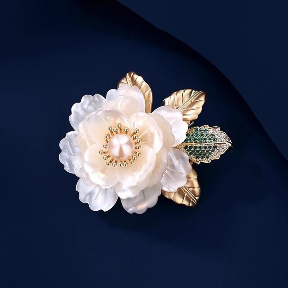 Elegant White Pearl Flower Brooch with Gold Leaves